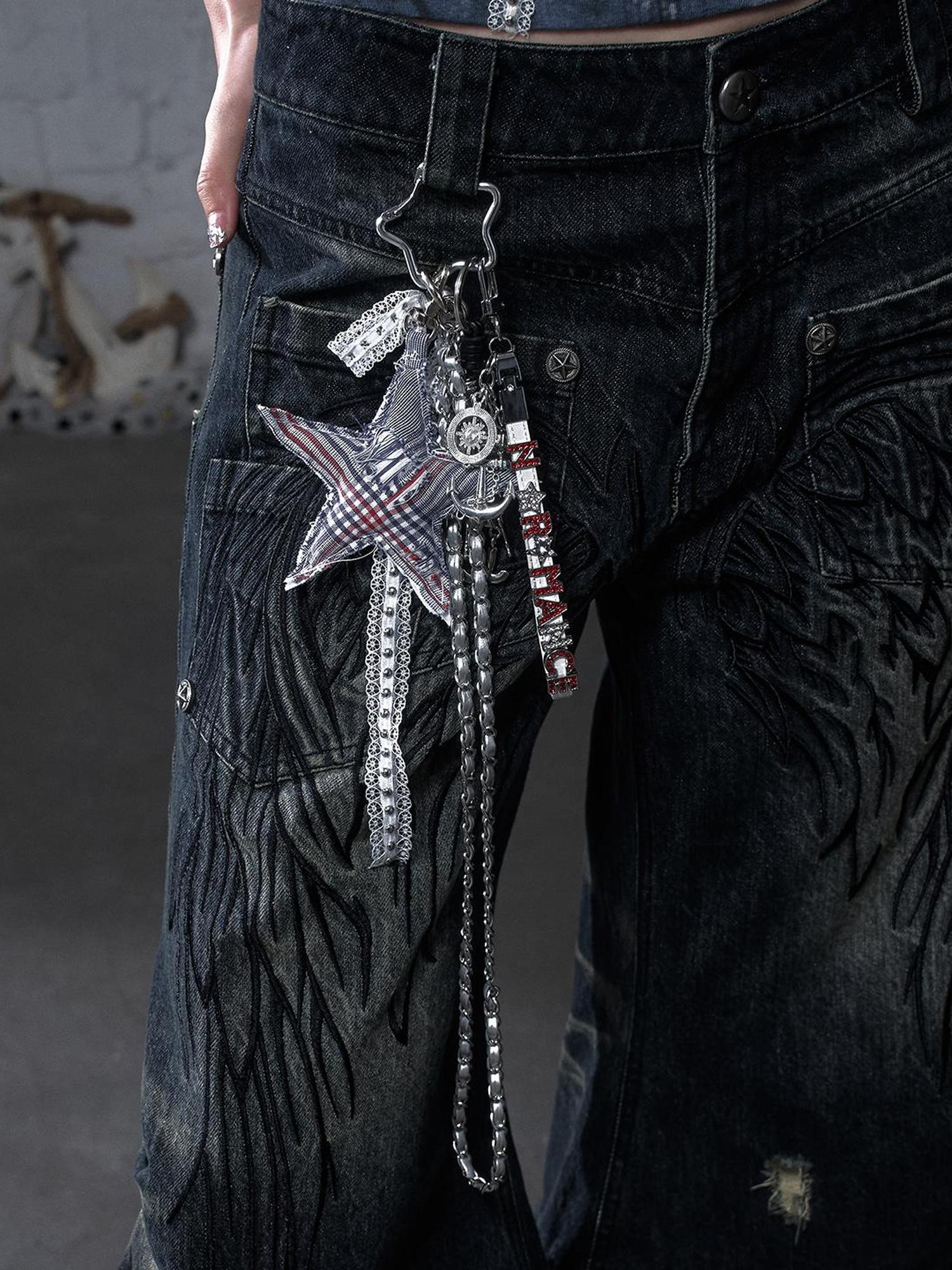 NO ROMANCE Punk Rock Star Lace Rhinestone Keychain Necklace Waistchain