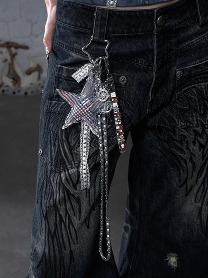 Punk Rock Star Lace Rhinestone Keychain Necklace Waistchain