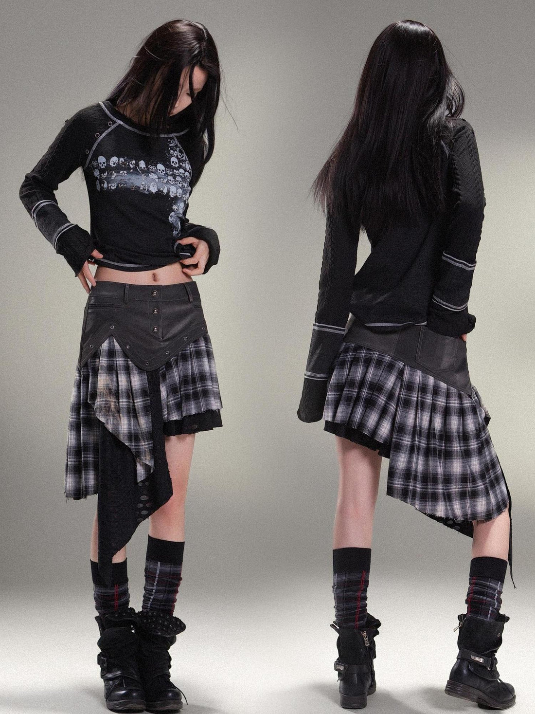 ARIADNAw Punk Rock Vintage Asym Pleat Low Waist Skirt All Season