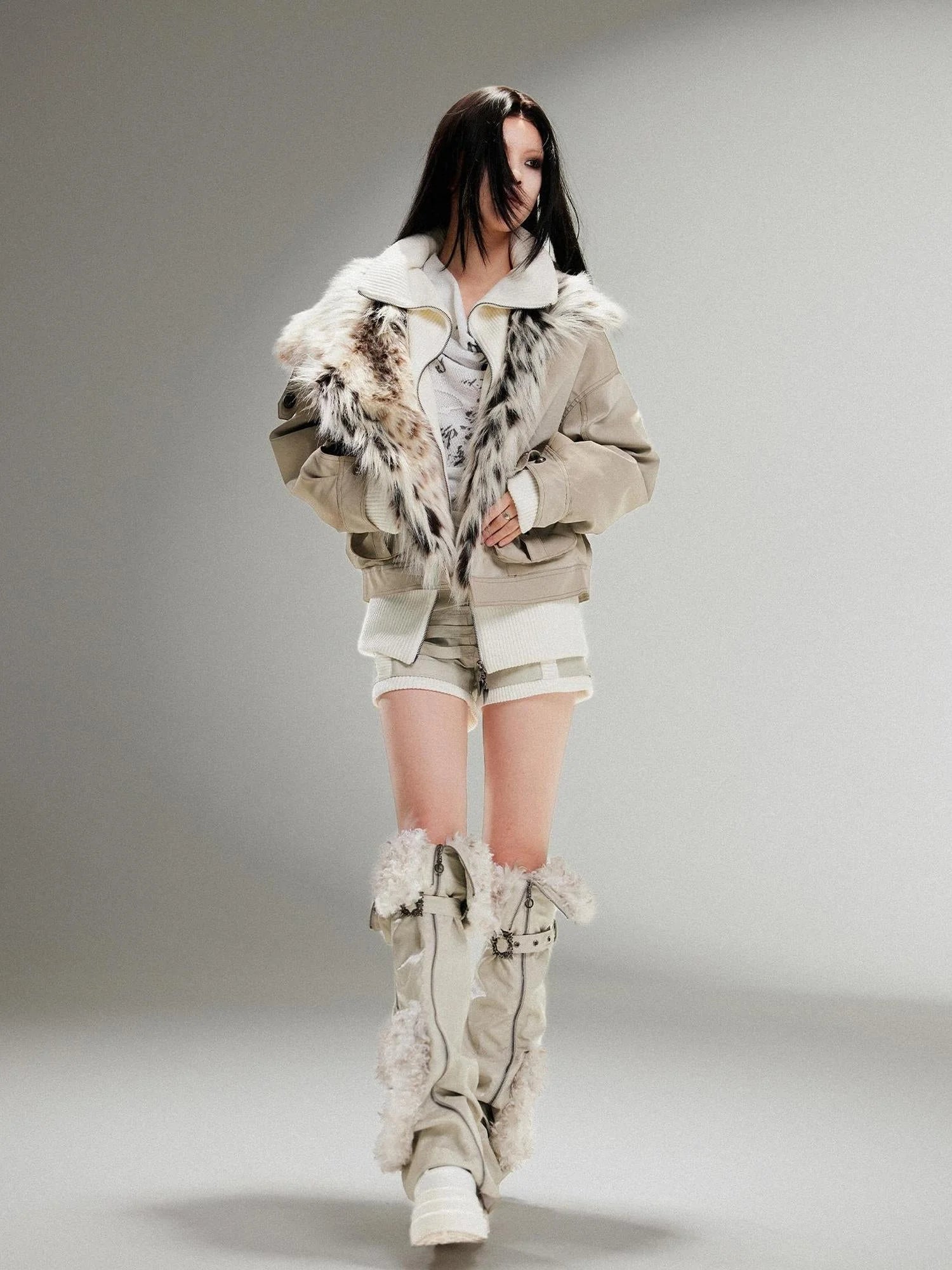 Punk Rock Vintage Faux Leather Fur Jacket For Women Winter