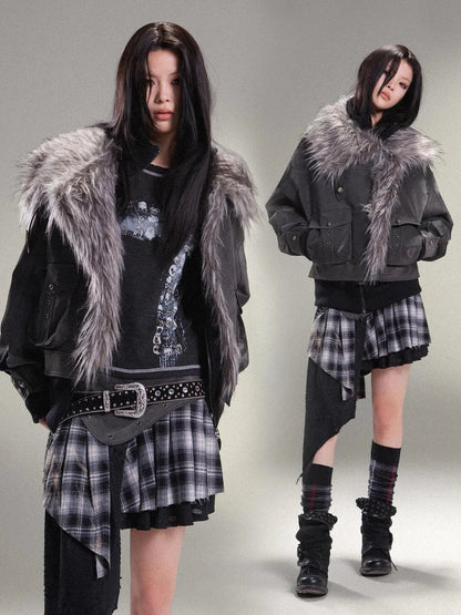 Punk Rock Vintage Faux Leather Fur Winter Jacket For Women