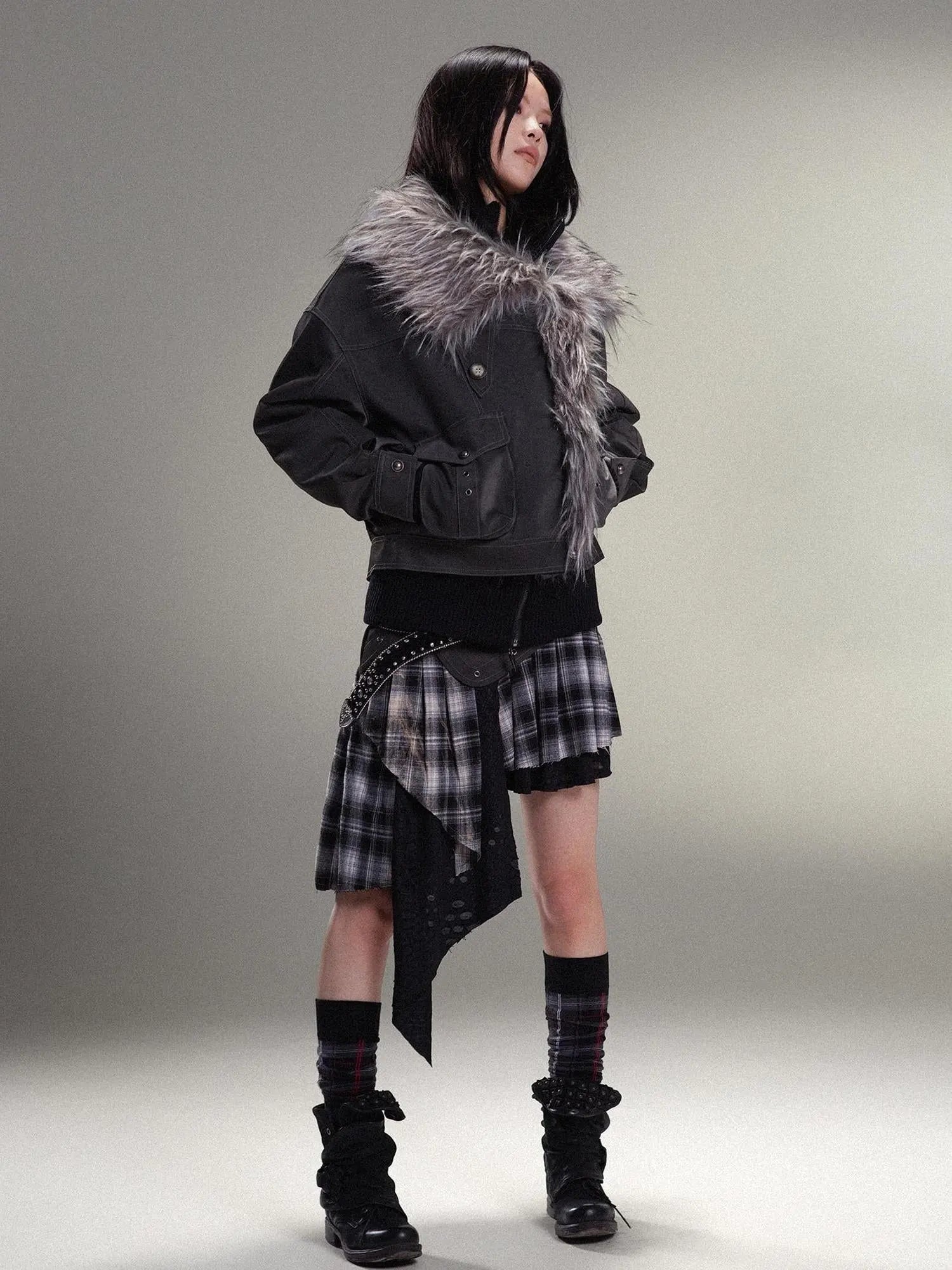 Punk Rock Vintage Faux Leather Fur Winter Jacket For Women