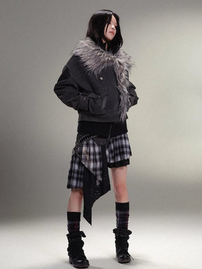 Punk Rock Vintage Faux Leather Fur Winter Jacket For Women