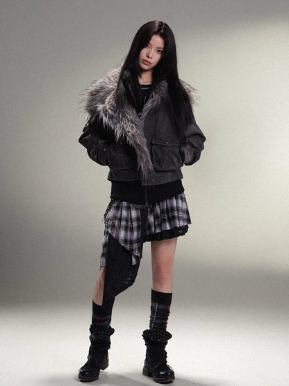 Punk Rock Vintage Faux Leather Fur Winter Jacket For Women