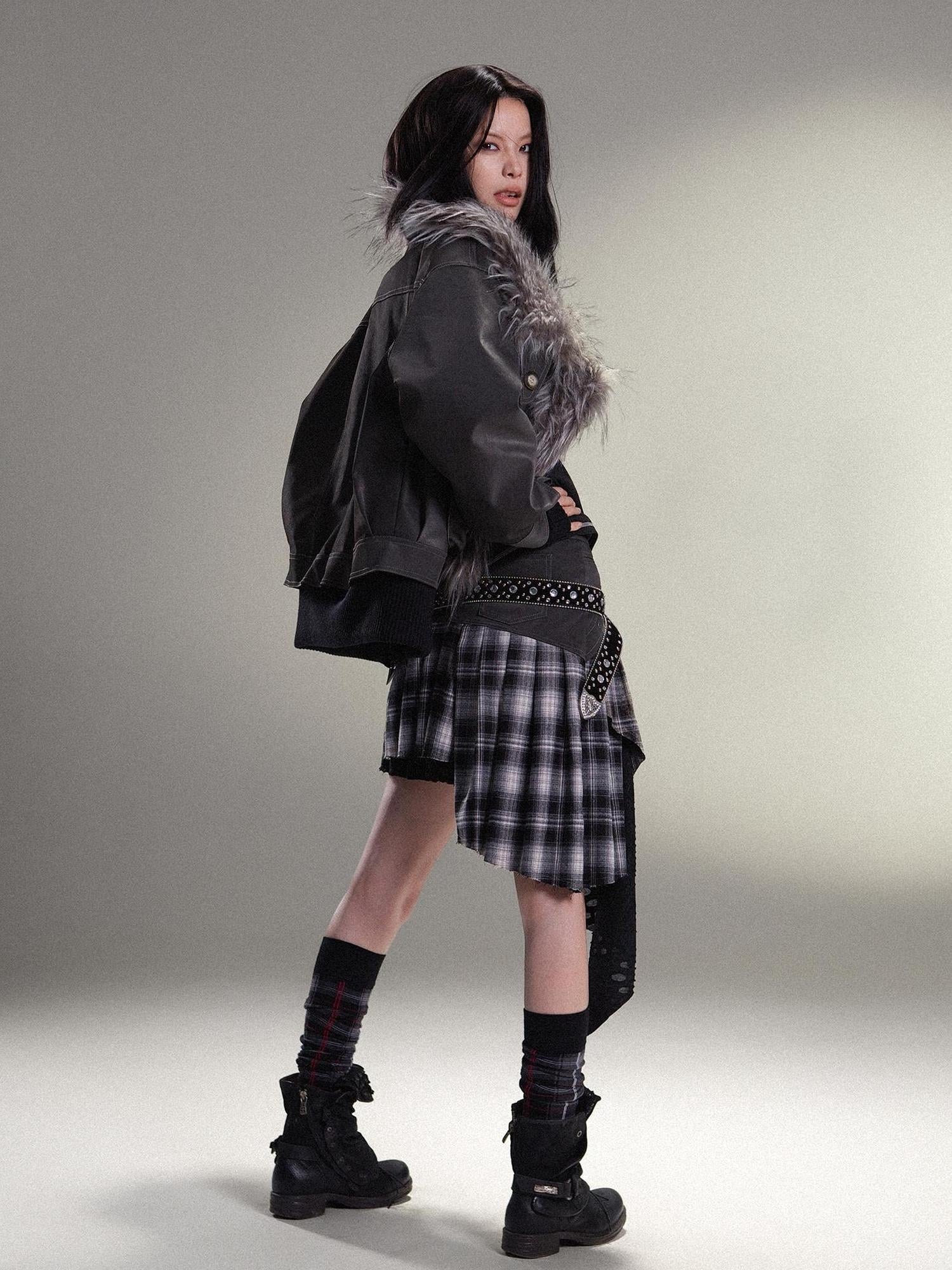 ARIADNAw Punk Rock Vintage Faux Leather Fur Winter Jacket For Women