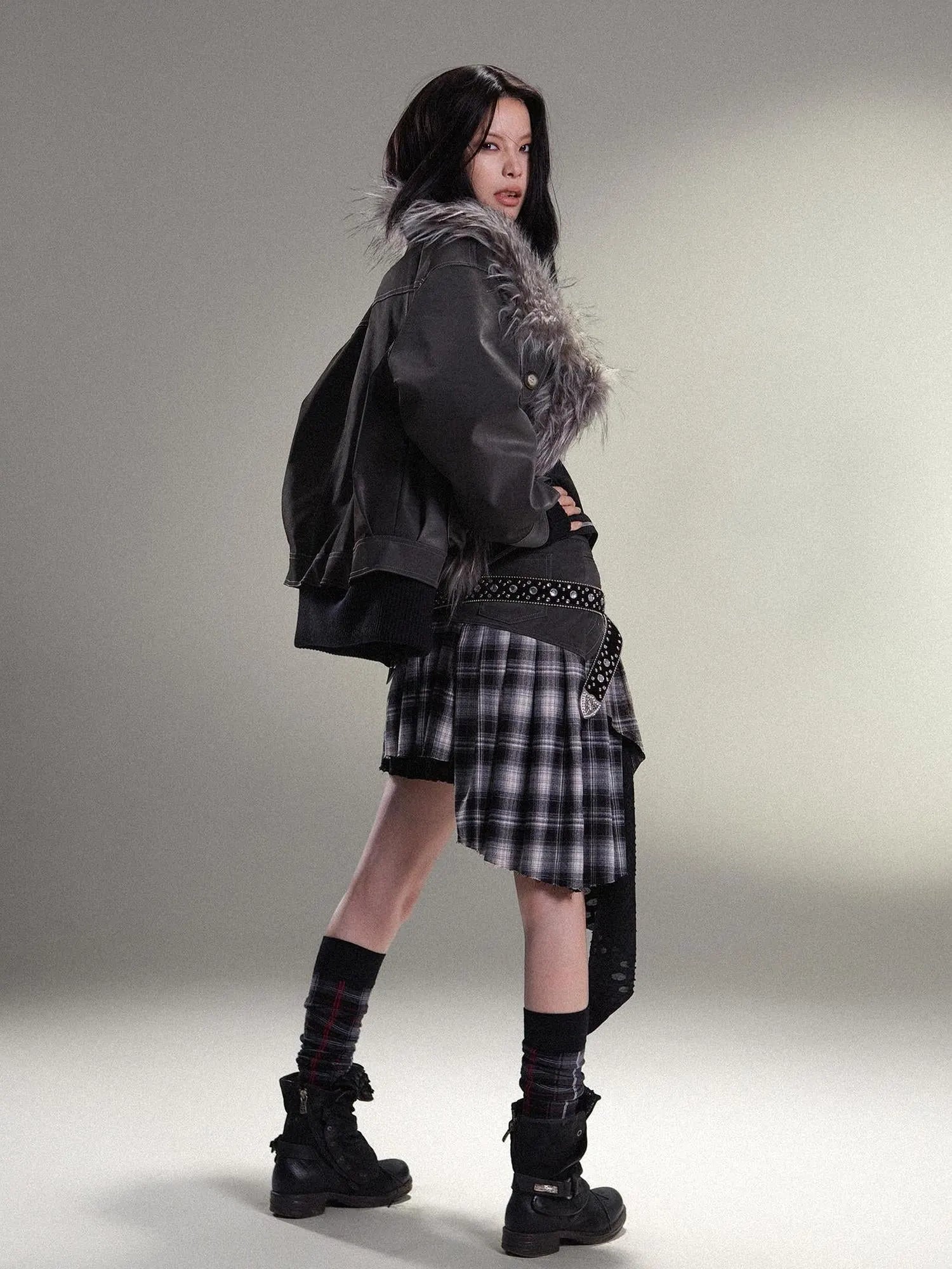 Punk Rock Vintage Faux Leather Fur Winter Jacket For Women