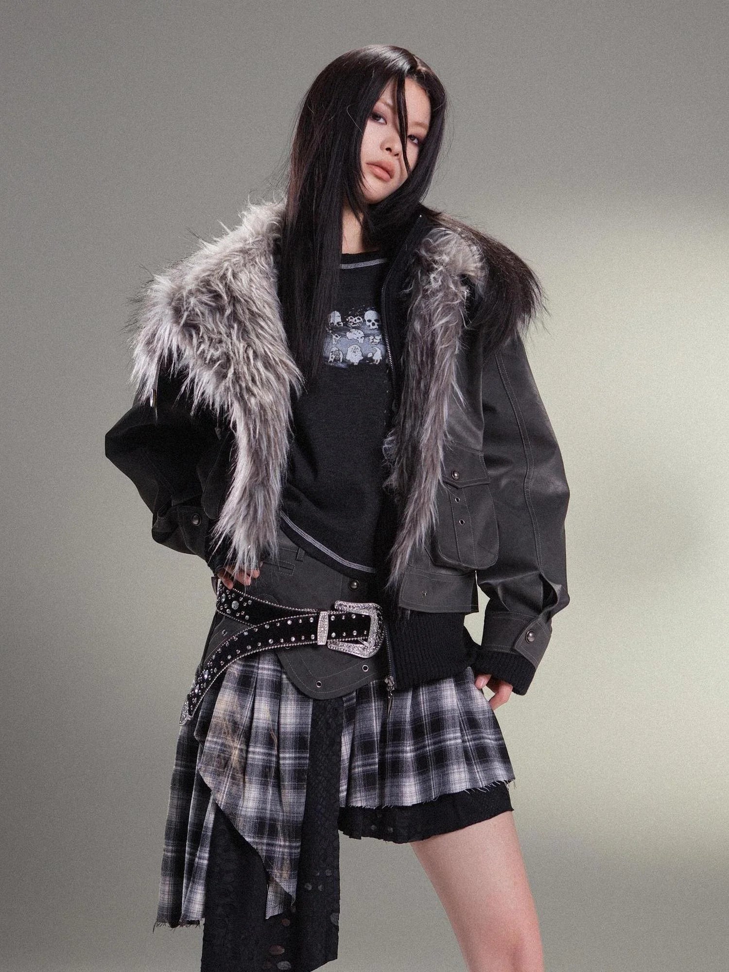 Punk Rock Vintage Faux Leather Fur Winter Jacket For Women