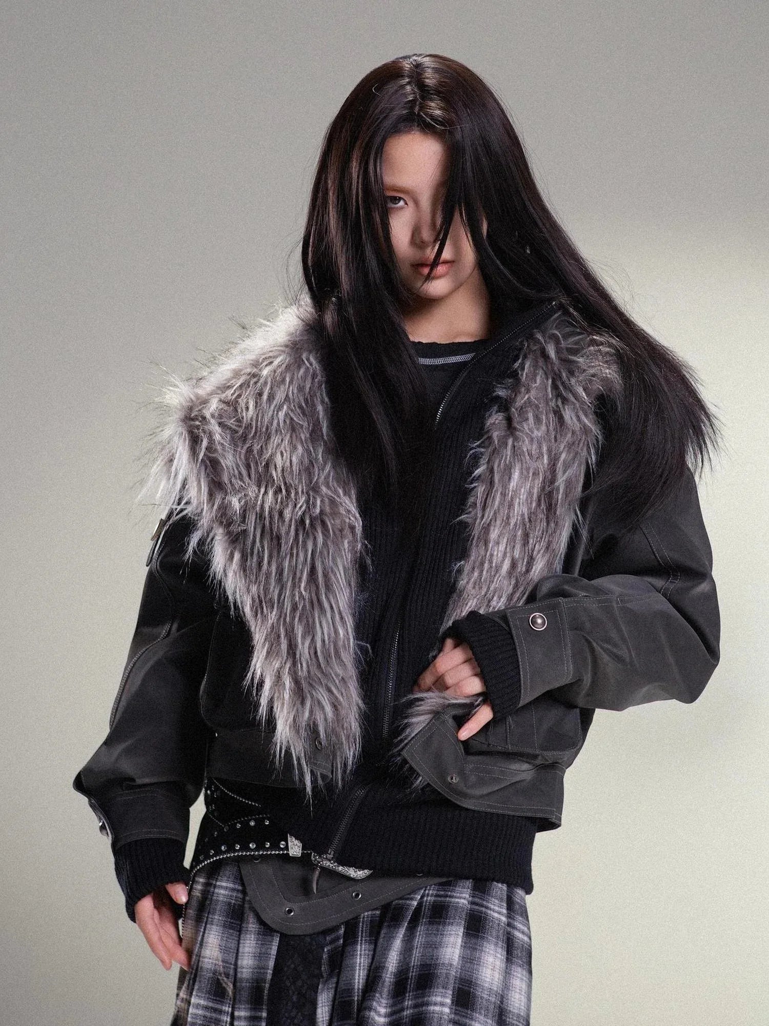 Punk Rock Vintage Faux Leather Fur Winter Jacket For Women