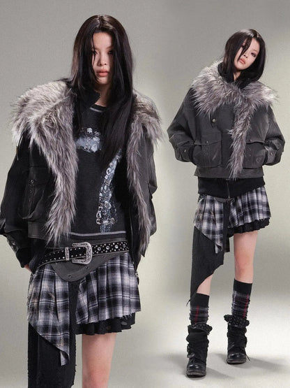 Punk Rock Vintage Faux Leather Fur Winter Jacket For Women