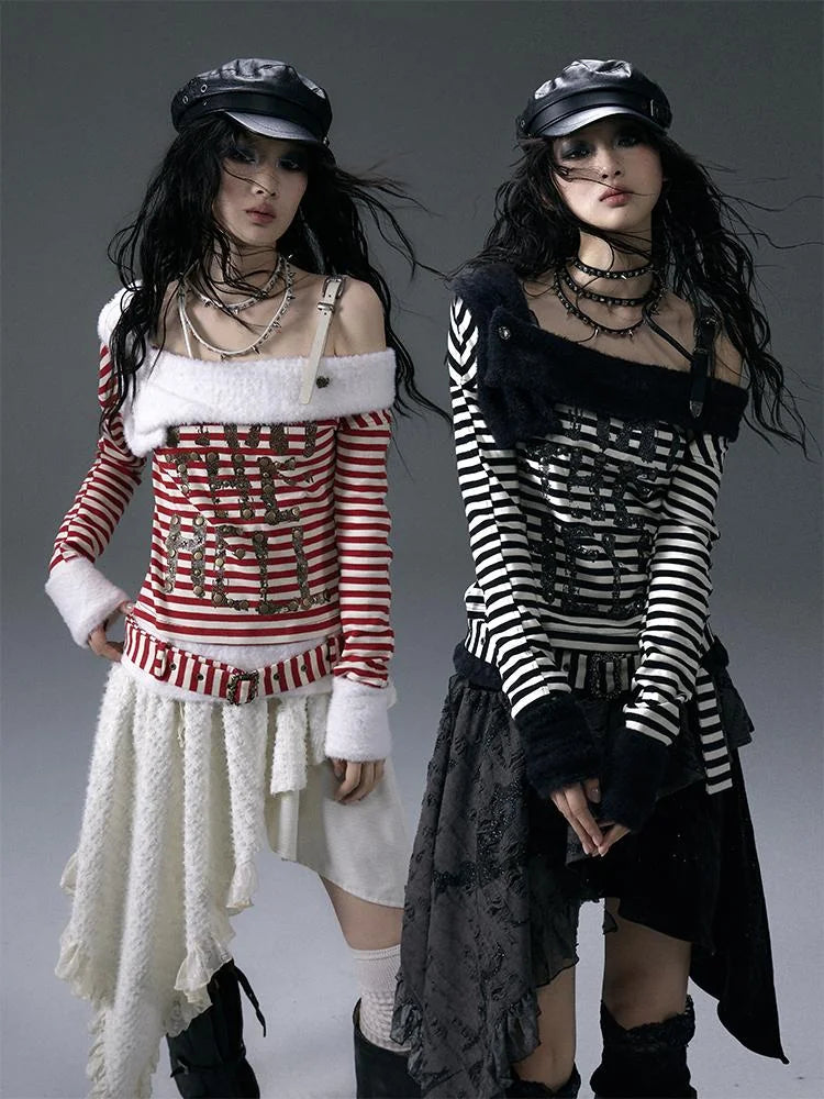 Punk Street Asymmetrical Striped Print Knit T-Shirt
