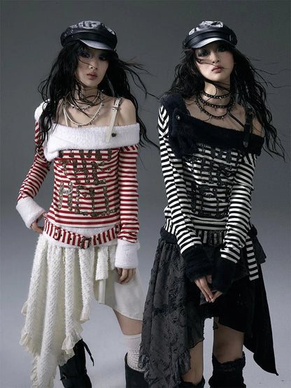 Punk Street Asymmetrical Striped Print Knit T-Shirt