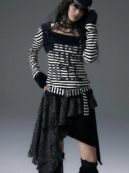 Punk Street Asymmetrical Striped Print Knit T-Shirt