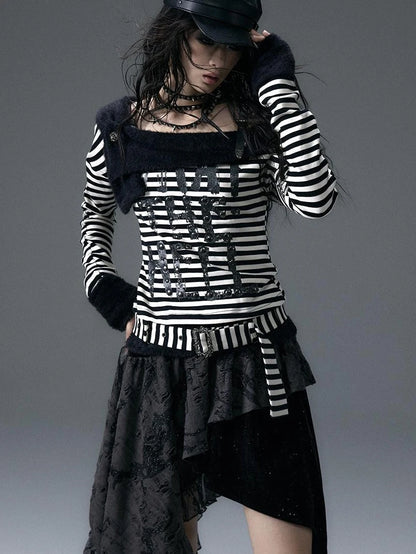 Punk Street Asymmetrical Striped Print Knit T-Shirt