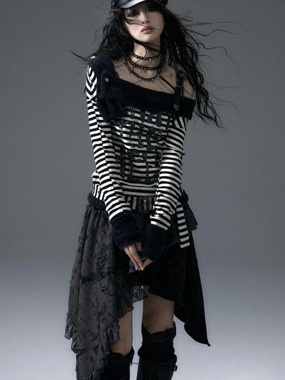 Punk Street Asymmetrical Striped Print Knit T-Shirt