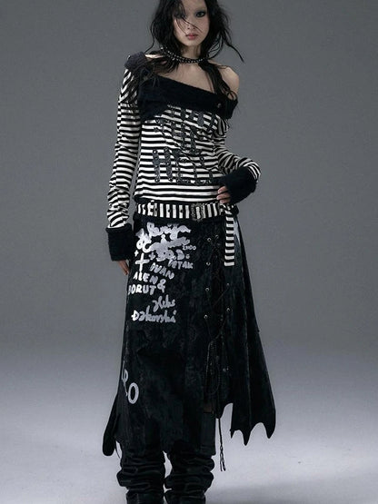 Punk Street Asymmetrical Striped Print Knit T-Shirt