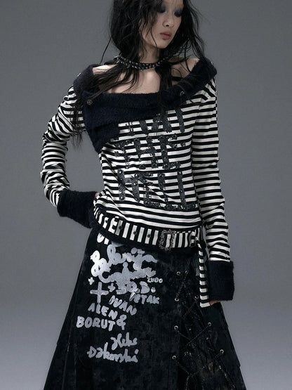 Punk Street Asymmetrical Striped Print Knit T-Shirt