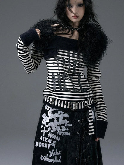 Punk Street Asymmetrical Striped Print Knit T-Shirt