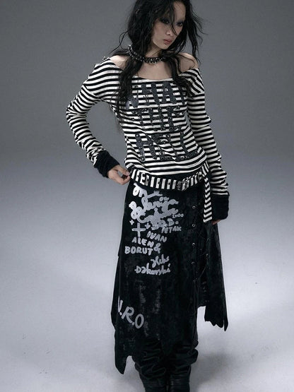 Punk Street Asymmetrical Striped Print Knit T-Shirt