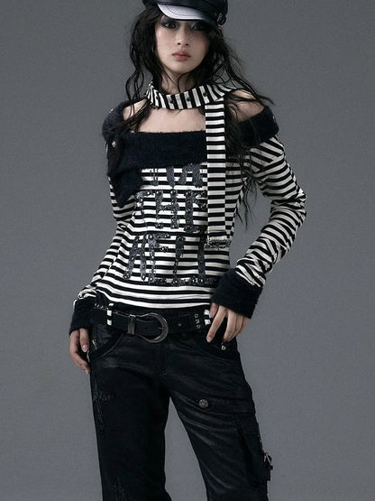 Punk Street Asymmetrical Striped Print Knit T-Shirt