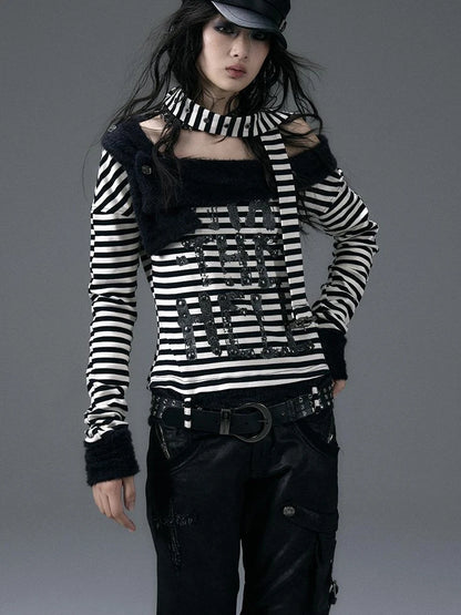 Punk Street Asymmetrical Striped Print Knit T-Shirt