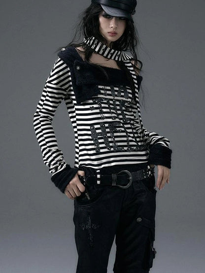 Punk Street Asymmetrical Striped Print Knit T-Shirt