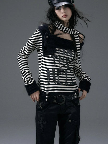 Punk Street Asymmetrical Striped Print Knit T-Shirt