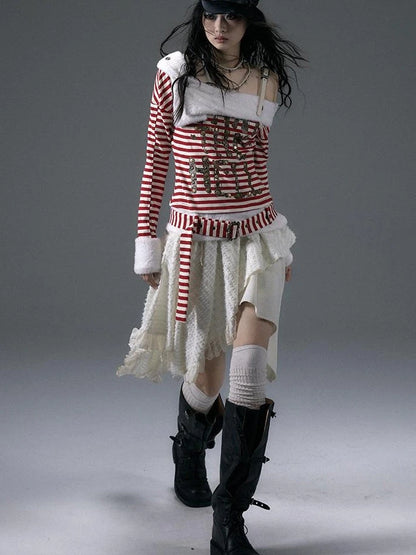 Punk Street Asymmetrical Striped Print Knit T-Shirt