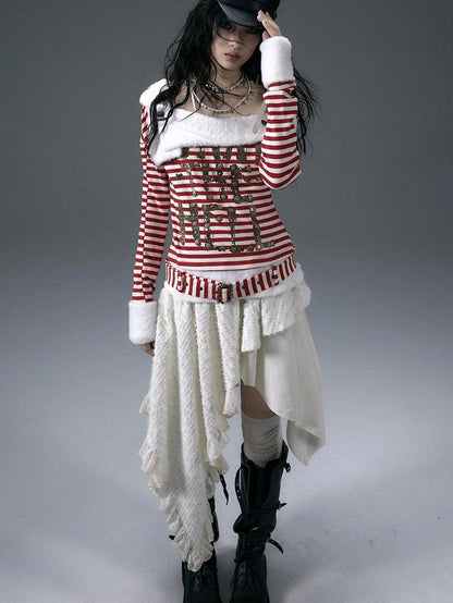 Punk Street Asymmetrical Striped Print Knit T-Shirt