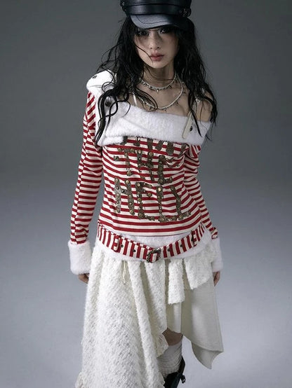 Punk Street Asymmetrical Striped Print Knit T-Shirt