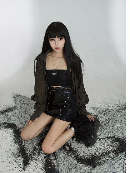 ARIADNAw Punk Street Cropped Jacket Slim Fit Micro Elastic Soft Touch