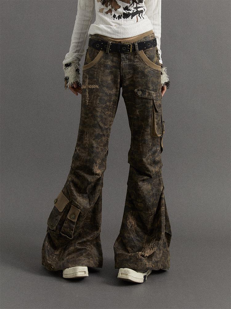 Punk Street Low-Rise Flared Ripped Camo Cargo Pants