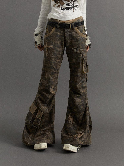 Punk Street Low-Rise Flared Ripped Camo Cargo Pants