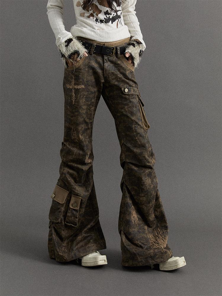 Punk Street Low-Rise Flared Ripped Camo Cargo Pants