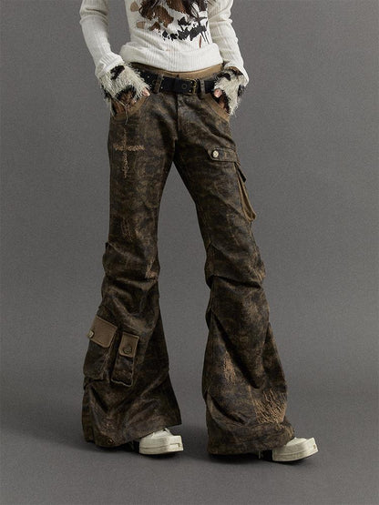Punk Street Low-Rise Flared Ripped Camo Cargo Pants