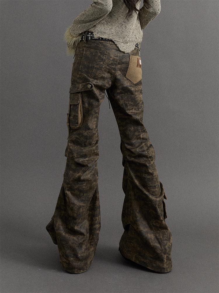 Punk Street Low-Rise Flared Ripped Camo Cargo Pants