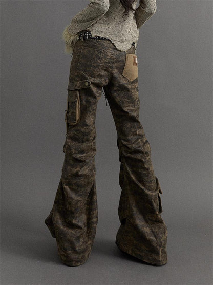 Punk Street Low-Rise Flared Ripped Camo Cargo Pants