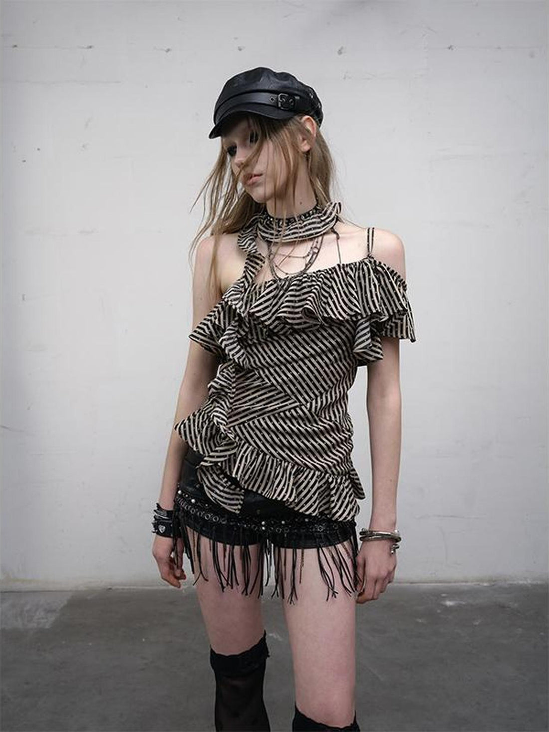 NO ROMANCE Punk Striped Asymmetrical Off-Shoulder Lace Trim Vest Top