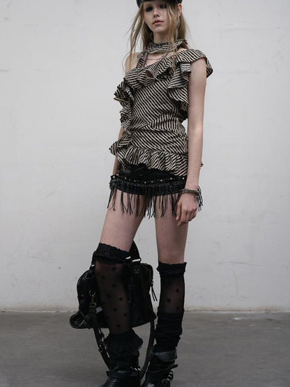NO ROMANCE Punk Striped Asymmetrical Off-Shoulder Lace Trim Vest Top