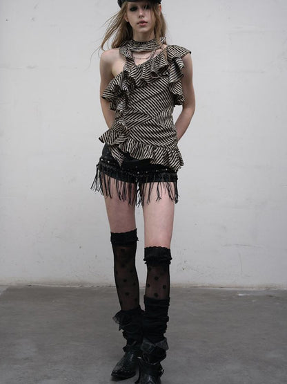 NO ROMANCE Punk Striped Asymmetrical Off-Shoulder Lace Trim Vest Top