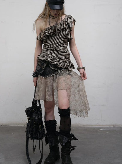 NO ROMANCE Punk Striped Asymmetrical Off-Shoulder Lace Trim Vest Top