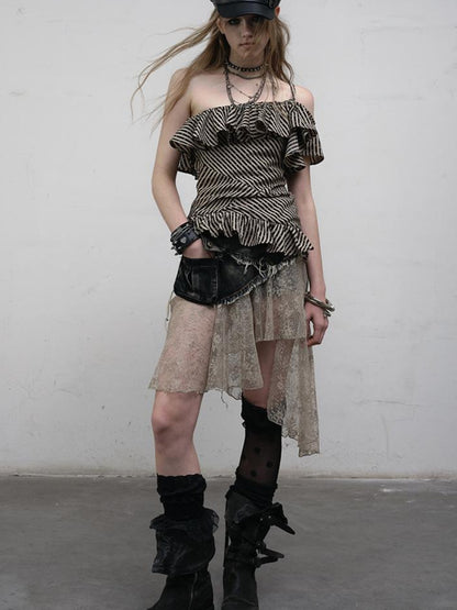 NO ROMANCE Punk Striped Asymmetrical Off-Shoulder Lace Trim Vest Top
