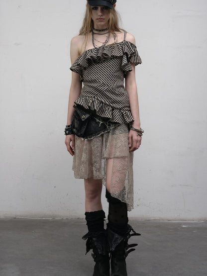 NO ROMANCE Punk Striped Asymmetrical Off-Shoulder Lace Trim Vest Top