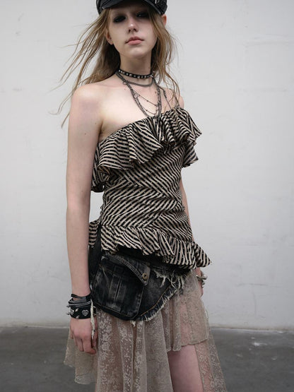 NO ROMANCE Punk Striped Asymmetrical Off-Shoulder Lace Trim Vest Top