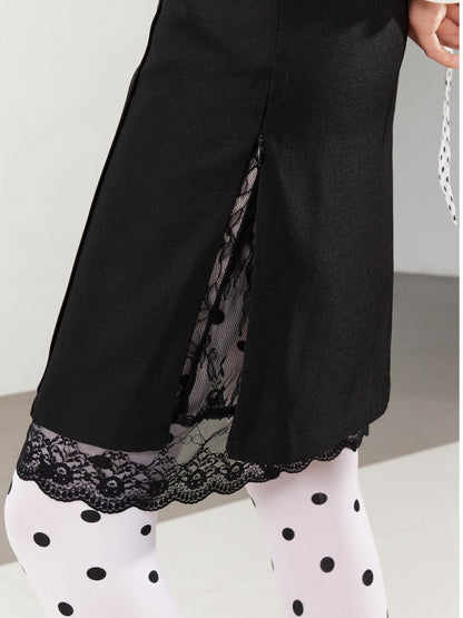 2th Desire Punk Studded Leather Waist Lace Split Fake Two Piece Skirt