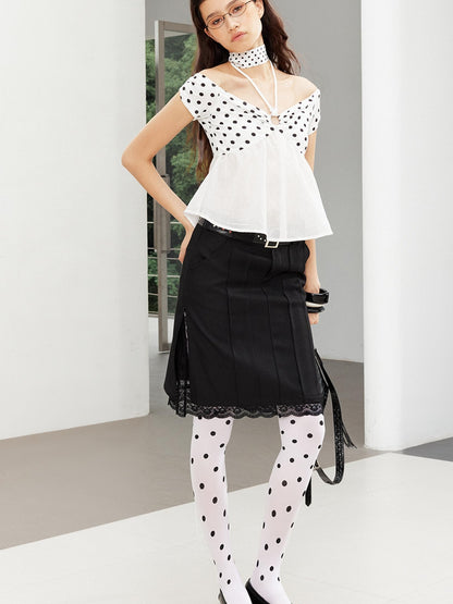 2th Desire Punk Studded Leather Waist Lace Split Fake Two Piece Skirt