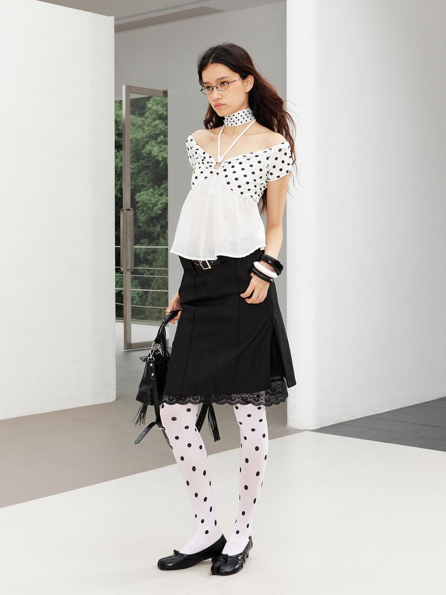 2th Desire Punk Studded Leather Waist Lace Split Fake Two Piece Skirt