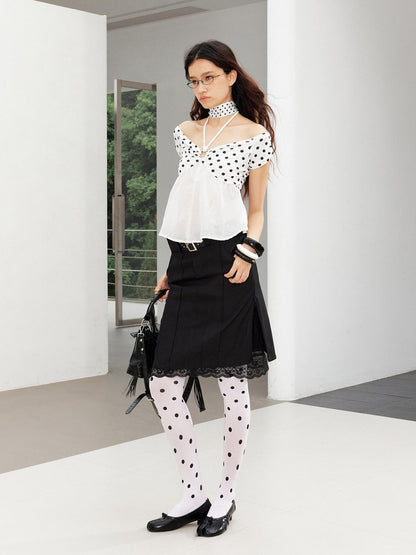 2th Desire Punk Studded Leather Waist Lace Split Fake Two Piece Skirt