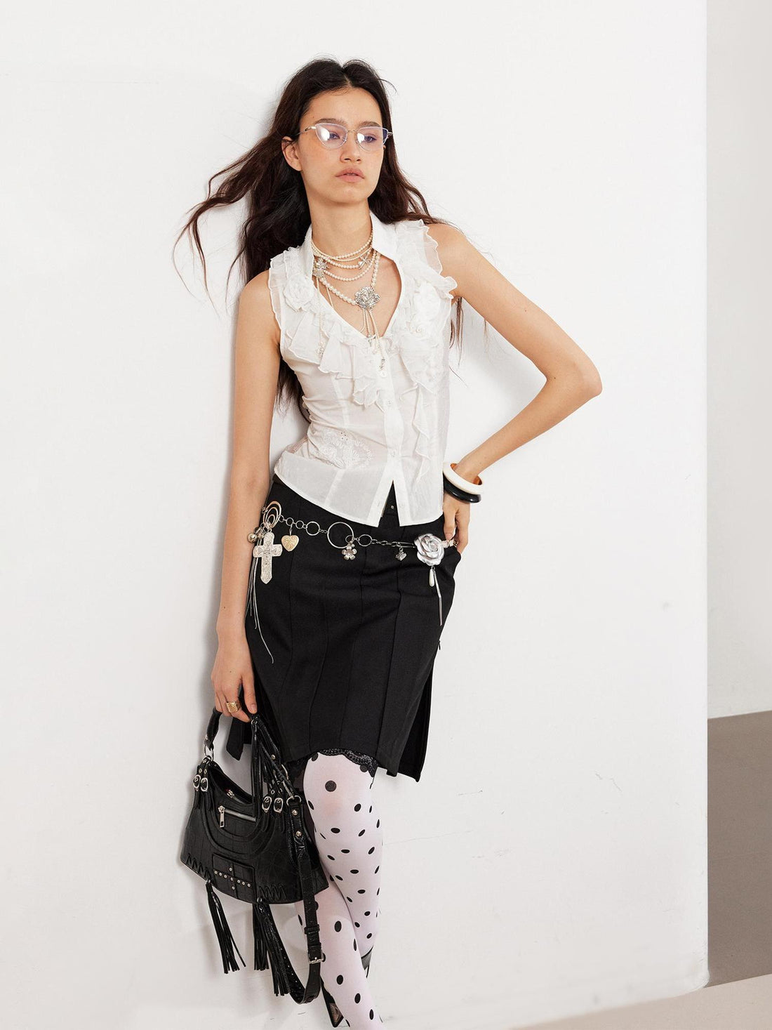 2th Desire Punk Studded Leather Waist Lace Split Fake Two Piece Skirt