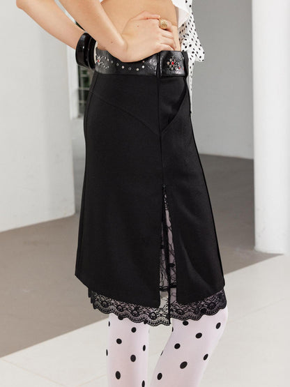 2th Desire Punk Studded Leather Waist Lace Split Fake Two Piece Skirt