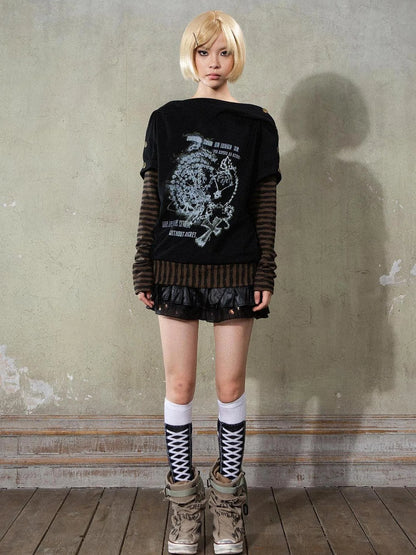 Punk Y2k Cross Print Stripe Spliced Long Sleeve Sport Shirt